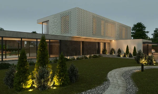 Visualisierung Eines Modernen Hauses Mit Einer Terrasse Und Einem See — Stockfoto