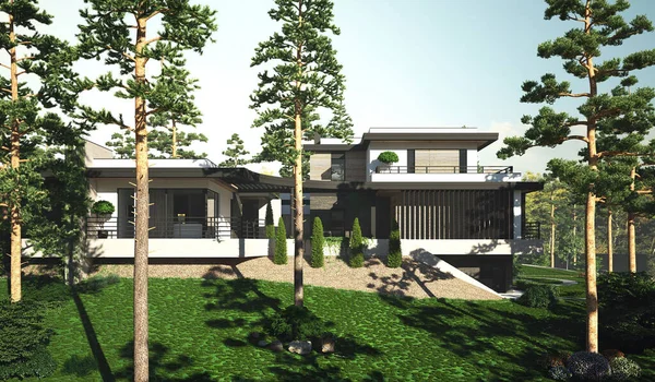 Visualisation Une Maison Moderne Avec Une Terrasse Sur Relief Architecture — Photo