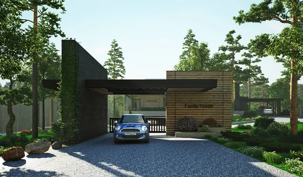 Kabartmalı terası olan modern bir evin 3 boyutlu görüntüsü. lüks mimari