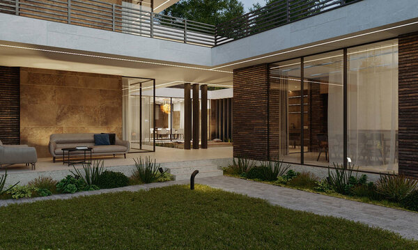 3D визуализация современного дома с внутренним двором. Резиденция в лесу. роскошная архитектура