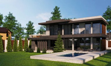 Yüzme havuzlu modern bir evin 3 boyutlu görüntüsü. Garajlı ev. lüks mimari