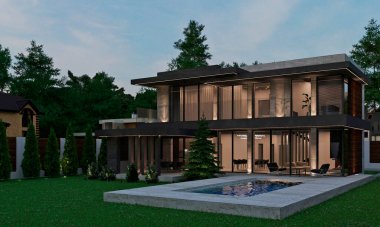 Yüzme havuzlu modern bir evin 3 boyutlu görüntüsü. Garajlı ev. lüks mimari