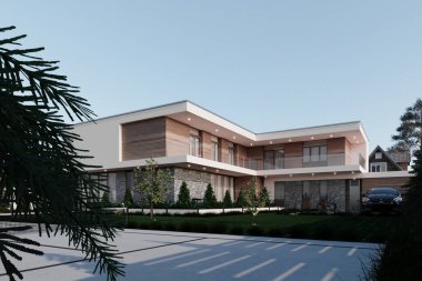 Garajlı modern bir evin 3 boyutlu görüntüsü. Tahta cephe. lüks mimari