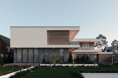 Garajlı modern bir evin 3 boyutlu görüntüsü. Tahta cephe. lüks mimari