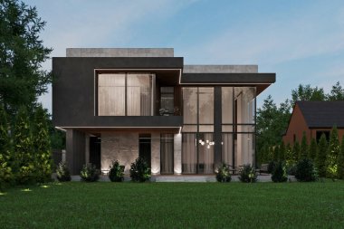 Panoramik pencereli ve geniş teraslı modern bir evin 3 boyutlu görüntüsü. lüks mimari