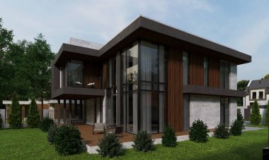 Panoramik pencereli ve geniş teraslı modern bir evin 3 boyutlu görüntüsü. lüks mimari