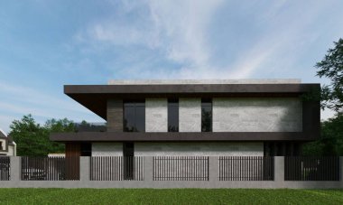 Panoramik pencereli ve geniş teraslı modern bir evin 3 boyutlu görüntüsü. lüks mimari