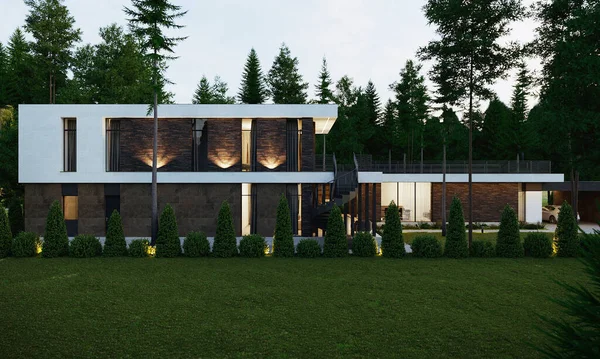 Vizualizarea Unei Case Moderne Curte Rezidență Pădure Arhitectură Lux — Fotografie, imagine de stoc