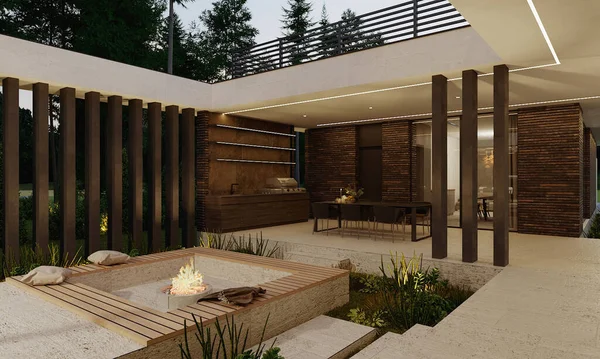 Visualización Una Casa Moderna Con Patio Residencia Bosque Arquitectura Lujo — Foto de Stock