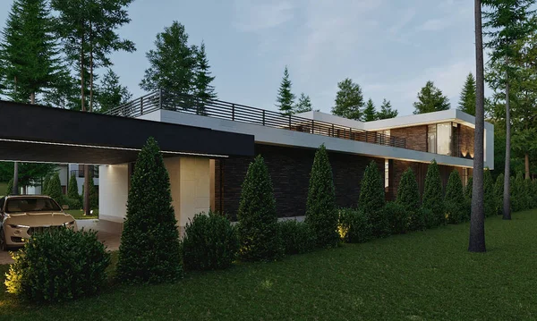 Visualisierung Eines Modernen Hauses Mit Innenhof Wohnsitz Wald Luxusarchitektur — Stockfoto