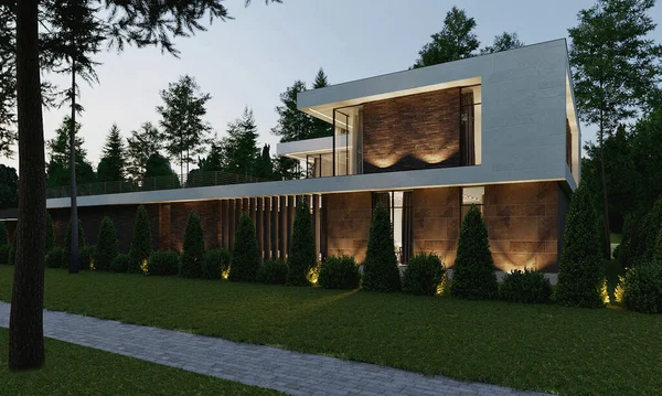 Visualisation Une Maison Moderne Avec Une Cour Résidence Dans Forêt — Photo