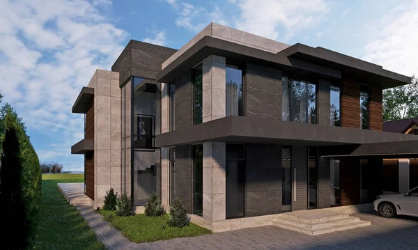 一个有游泳池的现代房子的三维可视化 带车头的房子豪华建筑 — 图库照片