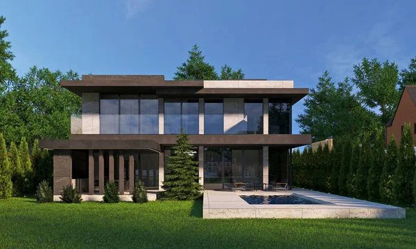 Visualização Uma Casa Moderna Com Piscina Casa Com Garagem Arquitetura — Fotografia de Stock