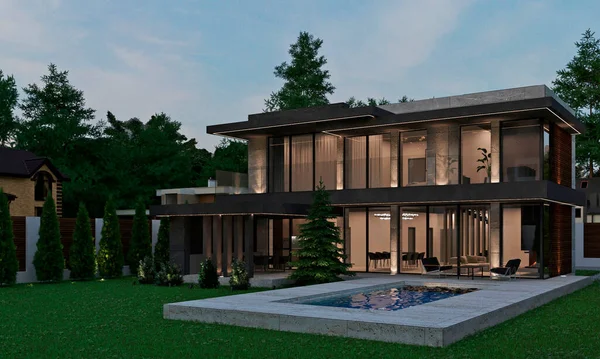 Visualisierung Eines Modernen Hauses Mit Schwimmbad Haus Mit Carport Luxusarchitektur — Stockfoto