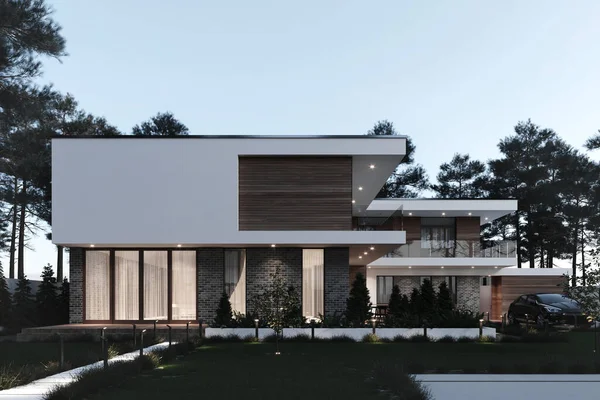 ガレージ付きのモダンな家の3D可視化 木製のファサード 高級建築 — ストック写真
