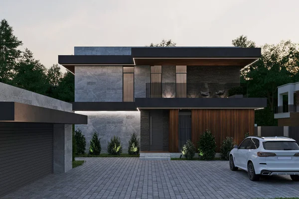 3D visualization of a modern house with panoramic windows and a large terrace. luxury architecture