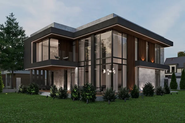 3D visualization of a modern house with panoramic windows and a large terrace. luxury architecture