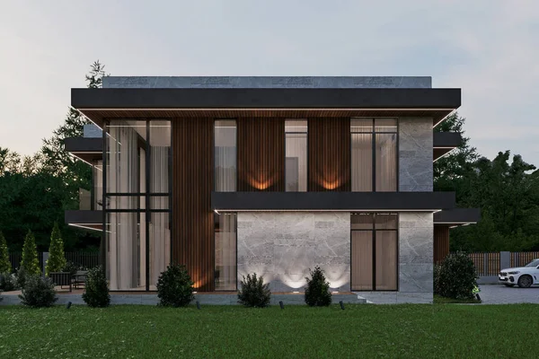 Visualization Modern House Panoramic Windows Large Terrace Luxury Architecture — Stock Photo, Image