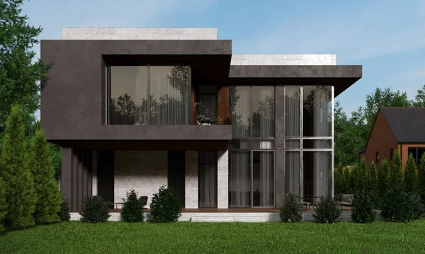 Visualisation Une Maison Moderne Avec Fenêtres Panoramiques Une Grande Terrasse — Photo