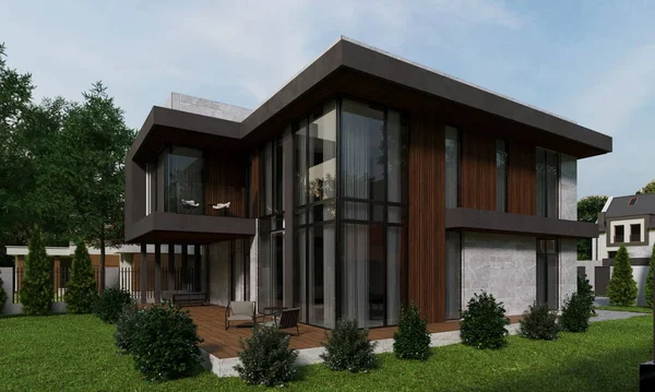 Panoramik pencereli ve geniş teraslı modern bir evin 3 boyutlu görüntüsü. lüks mimari