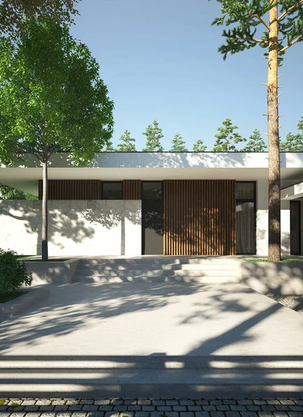 3D visualization of a modern house with a yard. House in the style of minimalism. House with a carport