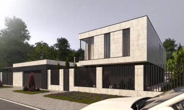 Avlusu ve panoramik pencereleri olan modern bir evin 3 boyutlu görüntüsü. Minimalizm tarzında bir ev. Kubbeli ev.