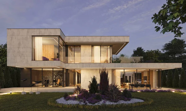 Visualização Uma Casa Moderna Com Pátio Janelas Panorâmicas Casa Estilo — Fotografia de Stock