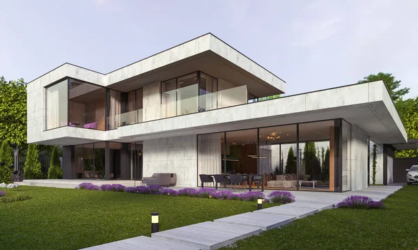 Avlusu ve panoramik pencereleri olan modern bir evin 3 boyutlu görüntüsü. Minimalizm tarzında bir ev. Kubbeli ev.
