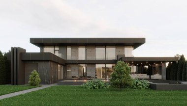 Büyük terası ve yüzme havuzu olan modern bir evin 3 boyutlu görüntüsü. Modern mimari.