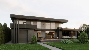 Büyük terası ve yüzme havuzu olan modern bir evin 3 boyutlu görüntüsü. Modern mimari.