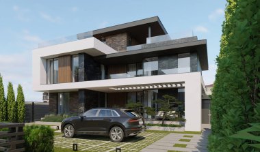 Benzersiz bir dış görünüşü olan modern bir evin 3 boyutlu görüntüsü. Eşsiz mimari.