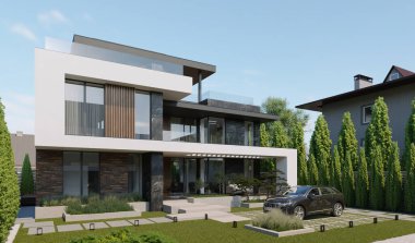 Benzersiz bir dış görünüşü olan modern bir evin 3 boyutlu görüntüsü. Eşsiz mimari.