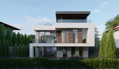 Benzersiz bir dış görünüşü olan modern bir evin 3 boyutlu görüntüsü. Eşsiz mimari.