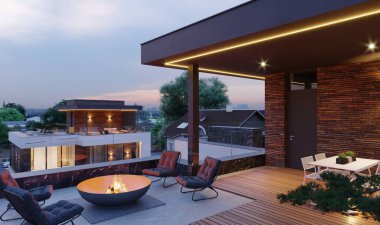 Çatıdaki bahçenin 3 boyutlu görüntüsü. Modern mimari.