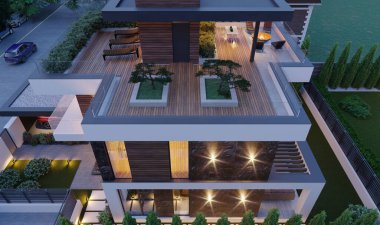 Çatıdaki bahçenin 3 boyutlu görüntüsü. Modern mimari.