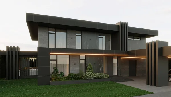 现代房子的三维可视化 有一个大平台和一个游泳池 现代建筑 — 图库照片