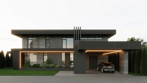 Visualisation Une Maison Moderne Avec Une Grande Terrasse Une Piscine — Photo