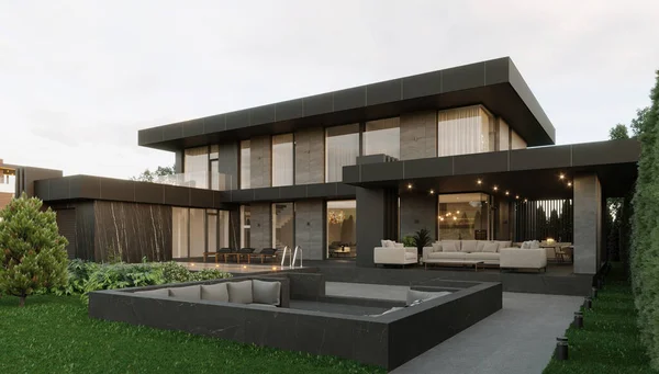 3D visualization of a modern house with a large terrace and a swimming pool. Modern architecture.