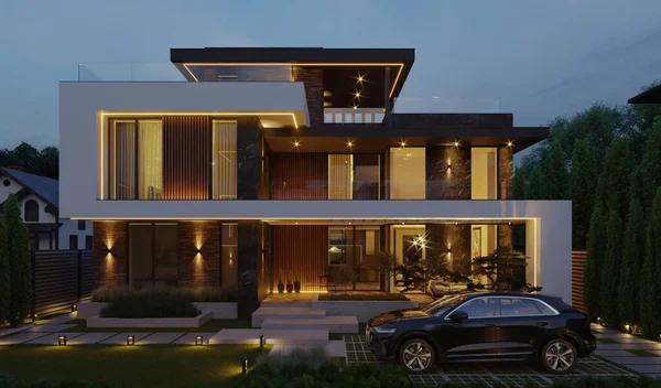Visualización Una Casa Moderna Con Una Fachada Única Arquitectura Única —  Fotos de Stock