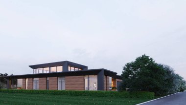 Yüzme havuzlu ve panoramik pencereli modern bir villanın 3 boyutlu görüntüsü. Eşsiz mimari.