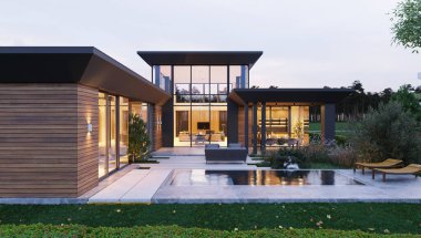 Yüzme havuzlu ve panoramik pencereli modern bir villanın 3 boyutlu görüntüsü. Eşsiz mimari.