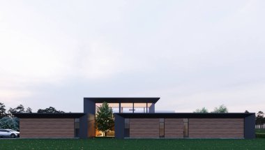 Yüzme havuzlu ve panoramik pencereli modern bir villanın 3 boyutlu görüntüsü. Eşsiz mimari.