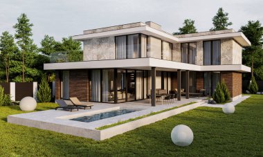 Yüzme havuzu ve büyük bir bahçesi olan modern bir evin 3 boyutlu görüntüsü. Lüks mimari