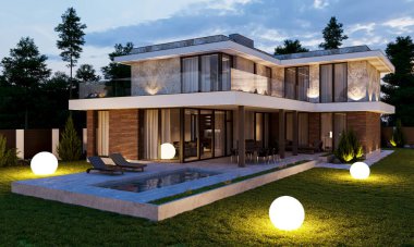 Yüzme havuzu ve büyük bir bahçesi olan modern bir evin 3 boyutlu görüntüsü. Lüks mimari