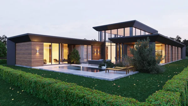 Visualization Modern Villa Swimming Pool Panoramic Windows Unique Architecture — Stock Photo, Image