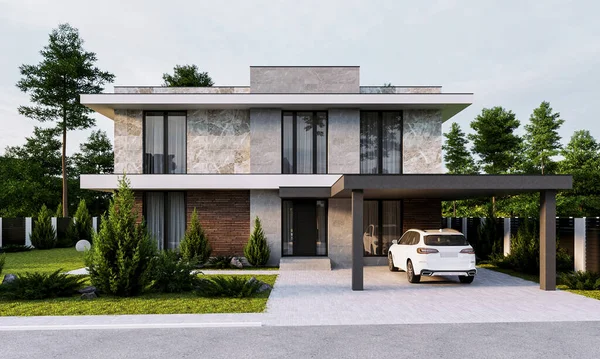 Yüzme havuzu ve büyük bir bahçesi olan modern bir evin 3 boyutlu görüntüsü. Lüks mimari