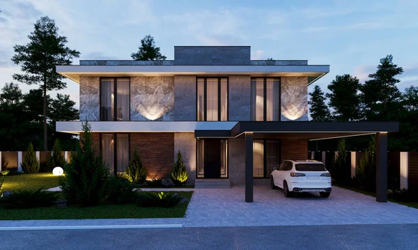 Yüzme havuzu ve büyük bir bahçesi olan modern bir evin 3 boyutlu görüntüsü. Lüks mimari