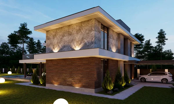 Visualizzazione Una Casa Moderna Con Piscina Ampio Cortile Architettura Lusso — Foto Stock