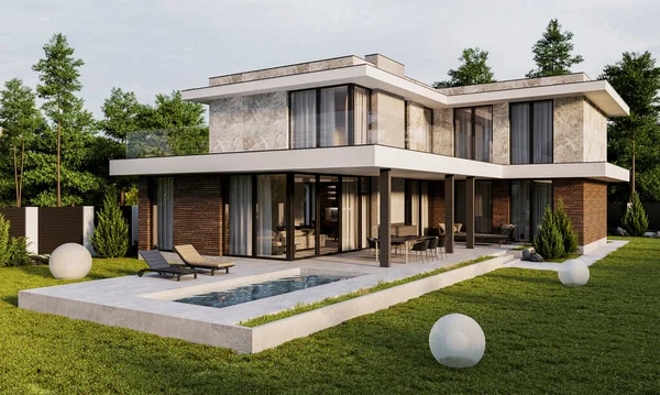 Yüzme havuzu ve büyük bir bahçesi olan modern bir evin 3 boyutlu görüntüsü. Lüks mimari