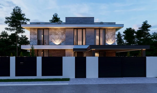 一个有游泳池和一个大院子的现代房子的三维可视化 豪华建筑 — 图库照片